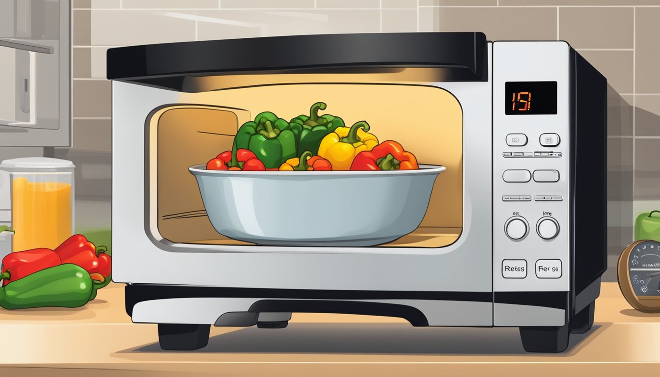 A plate of gluten-free stuffed peppers sits in a microwave. A timer displays the recommended reheating time