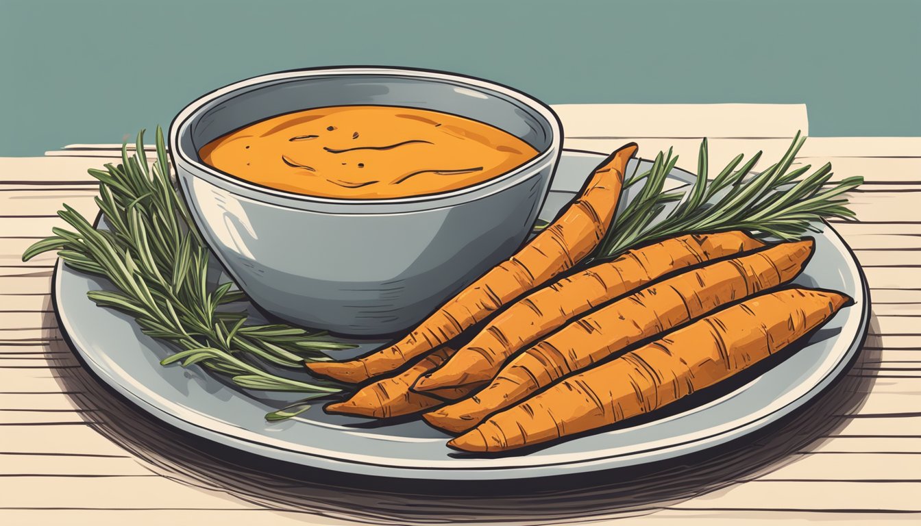 A plate of golden gluten-free sweet potato fries sits next to a bowl of dipping sauce, with a sprig of fresh rosemary for garnish