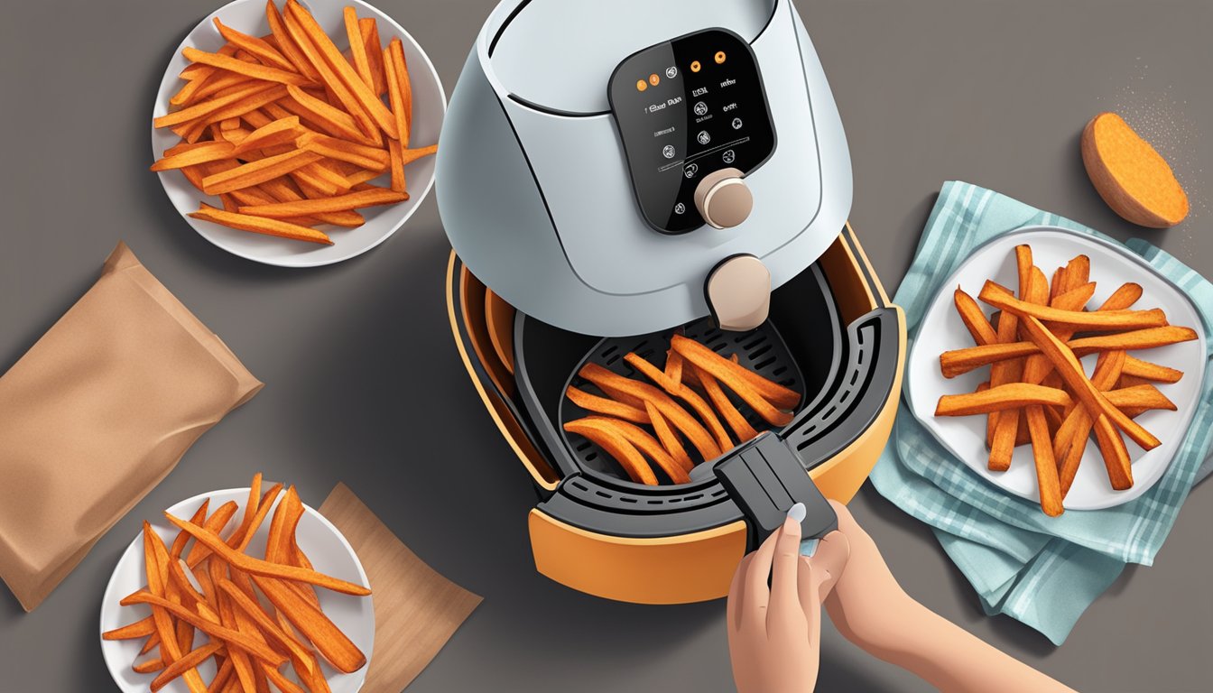 A person placing sweet potato fries in an air fryer, with a timer set and a gluten-free label on the package