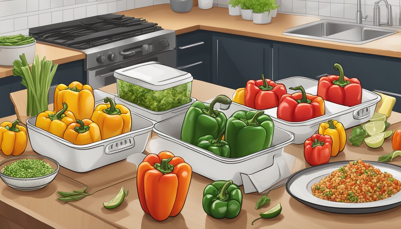 A kitchen counter with colorful gluten-free stuffed peppers arranged in a row, surrounded by fresh ingredients and meal prep containers