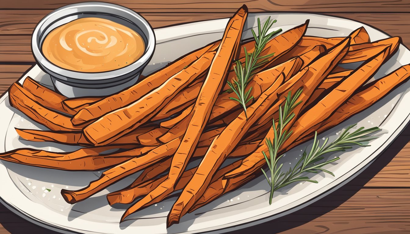 A plate of gluten-free sweet potato fries sits on a wooden table, surrounded by ingredients like salt and rosemary. The fries appear fresh and crispy