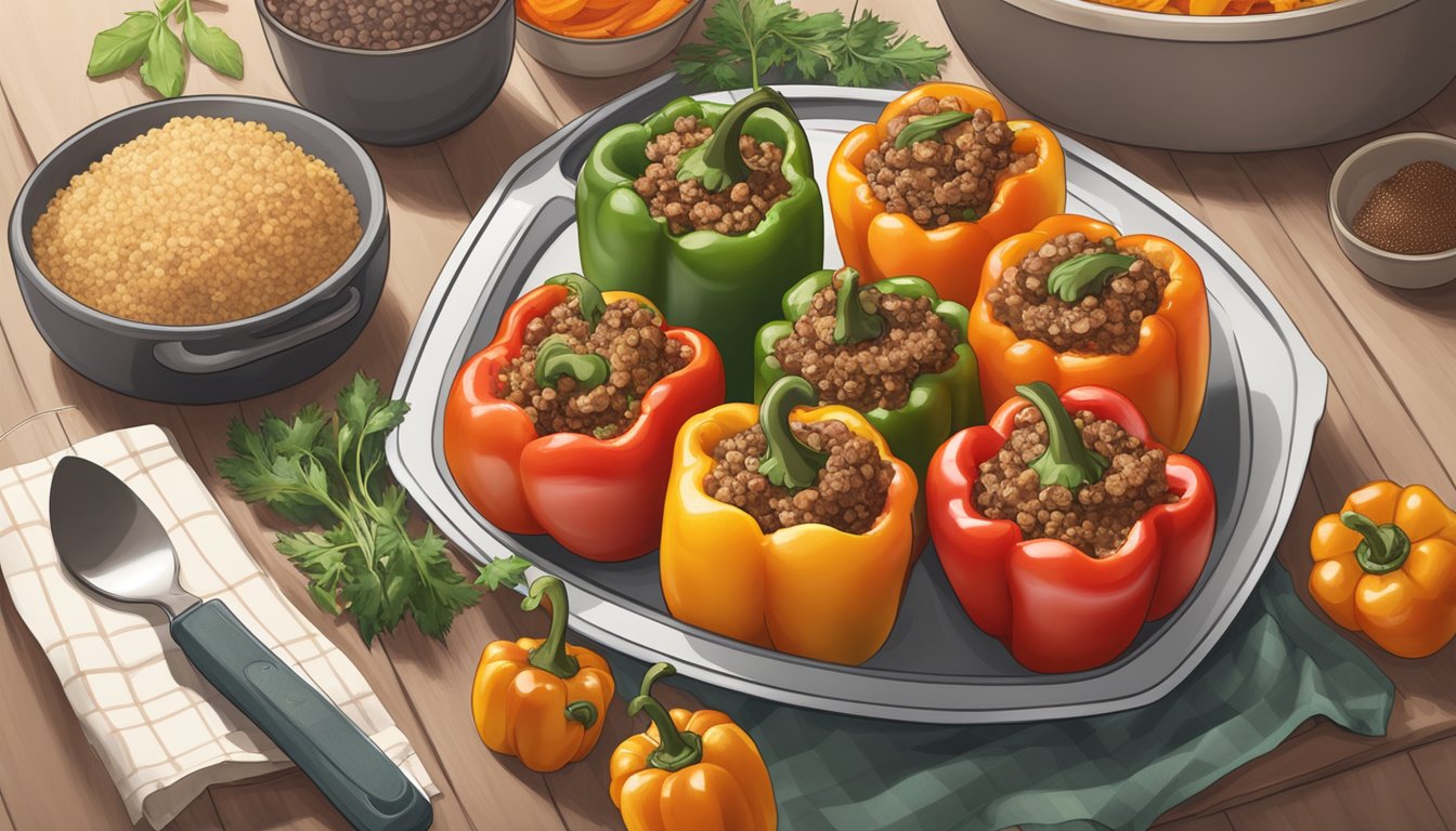 A kitchen counter with a plate of gluten-free stuffed peppers, surrounded by various ingredients and a price tag