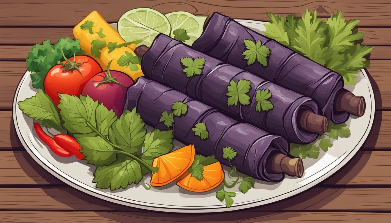 A plate of gluten-free stuffed grape leaves surrounded by fresh herbs and colorful vegetables on a rustic wooden table