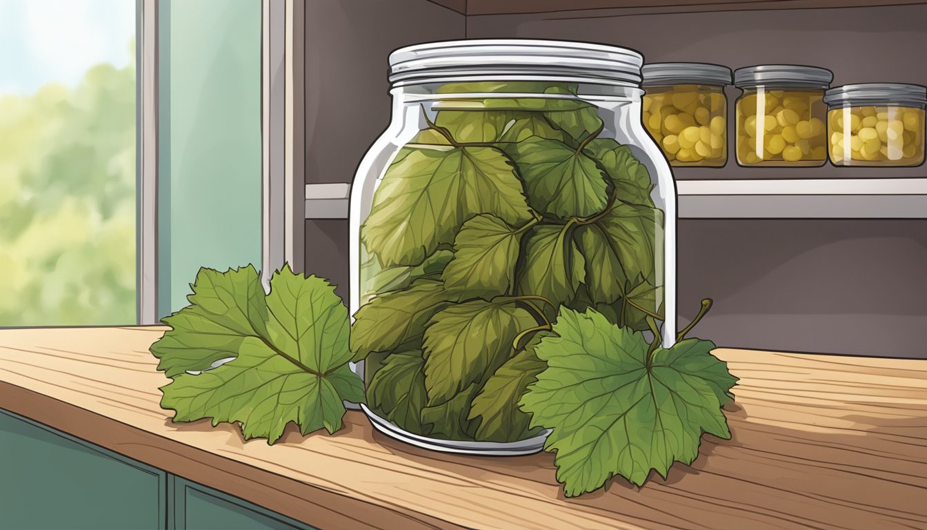 A glass jar filled with gluten-free stuffed grape leaves sits on a shelf in a pantry, sealed tightly with a lid to maintain freshness