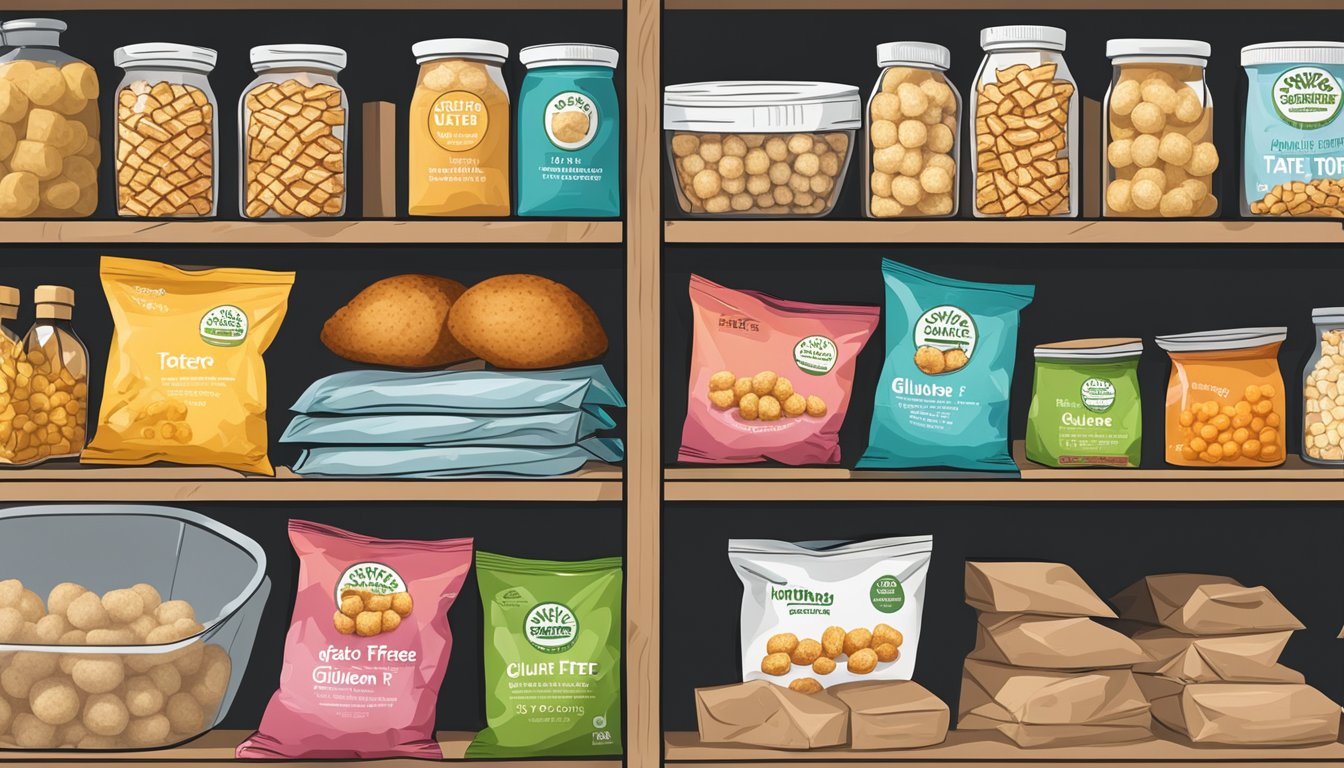 A bag of gluten-free tater tots sits unopened on a pantry shelf, surrounded by other food items