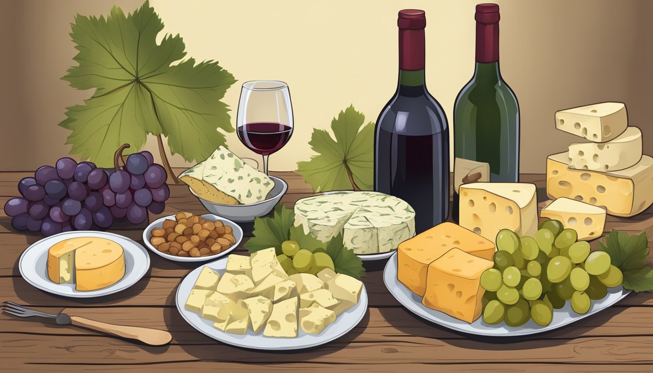 A rustic wooden table with a platter of gluten-free stuffed grape leaves, accompanied by a selection of cheeses, fruits, and a bottle of wine