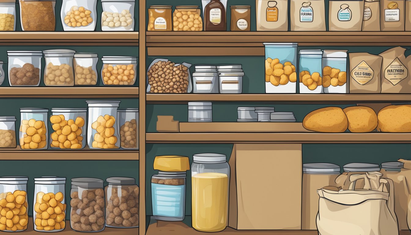 A pantry shelf with a bag of gluten-free tater tots, labeled with expiration date, alongside other non-perishable food items