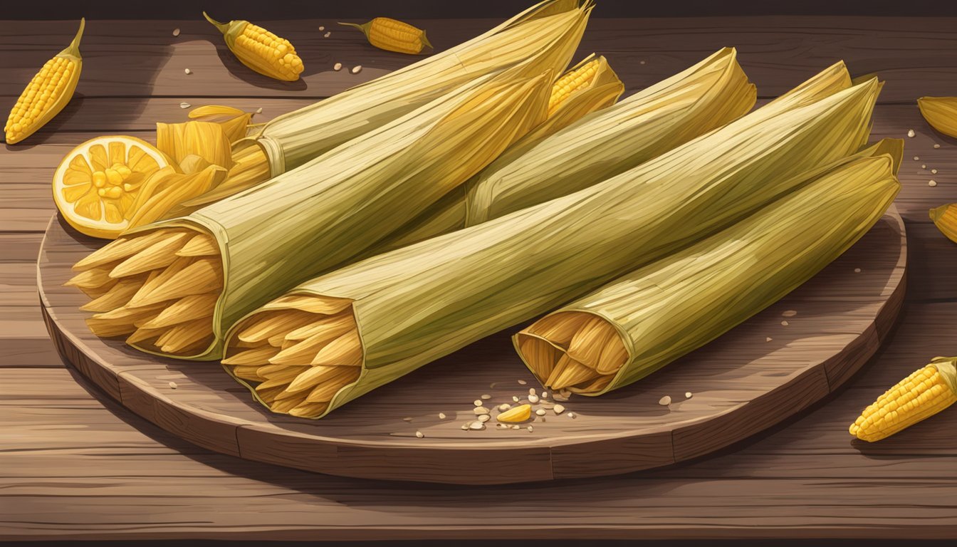 A stack of gluten-free tamales wrapped in corn husks, arranged on a rustic wooden platter with a few husks scattered around