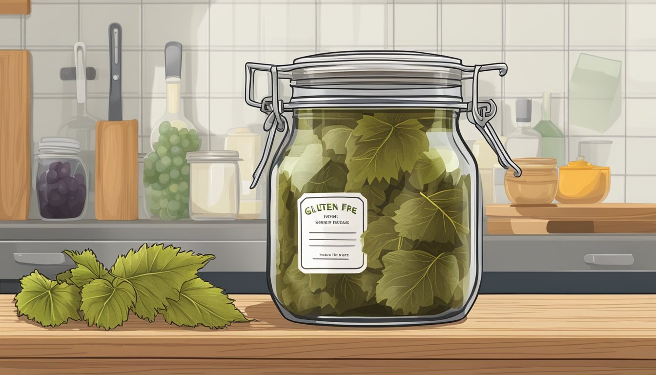 A glass jar of gluten-free stuffed grape leaves sits on a kitchen shelf, sealed with a lid. The label indicates the date of preparation