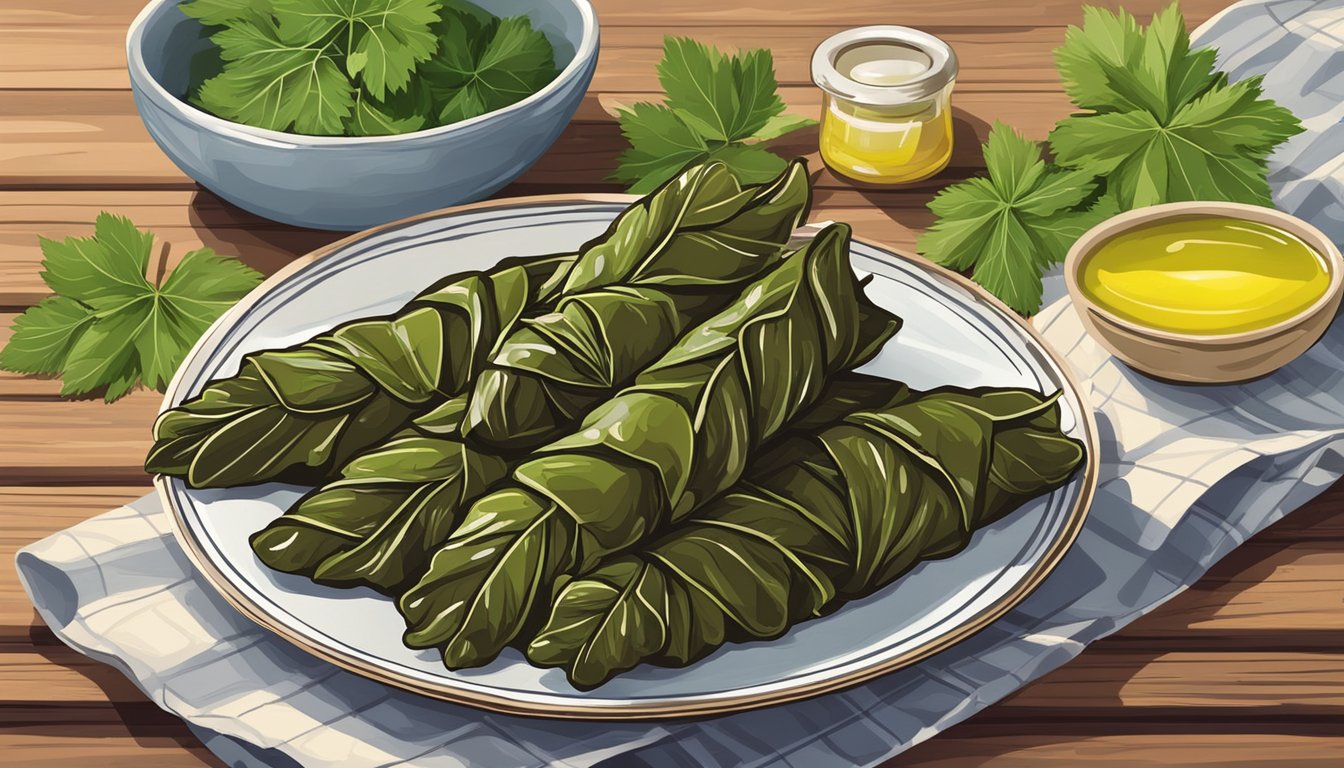 A plate of gluten free stuffed grape leaves sits on a wooden table, surrounded by fresh herbs and a drizzle of olive oil