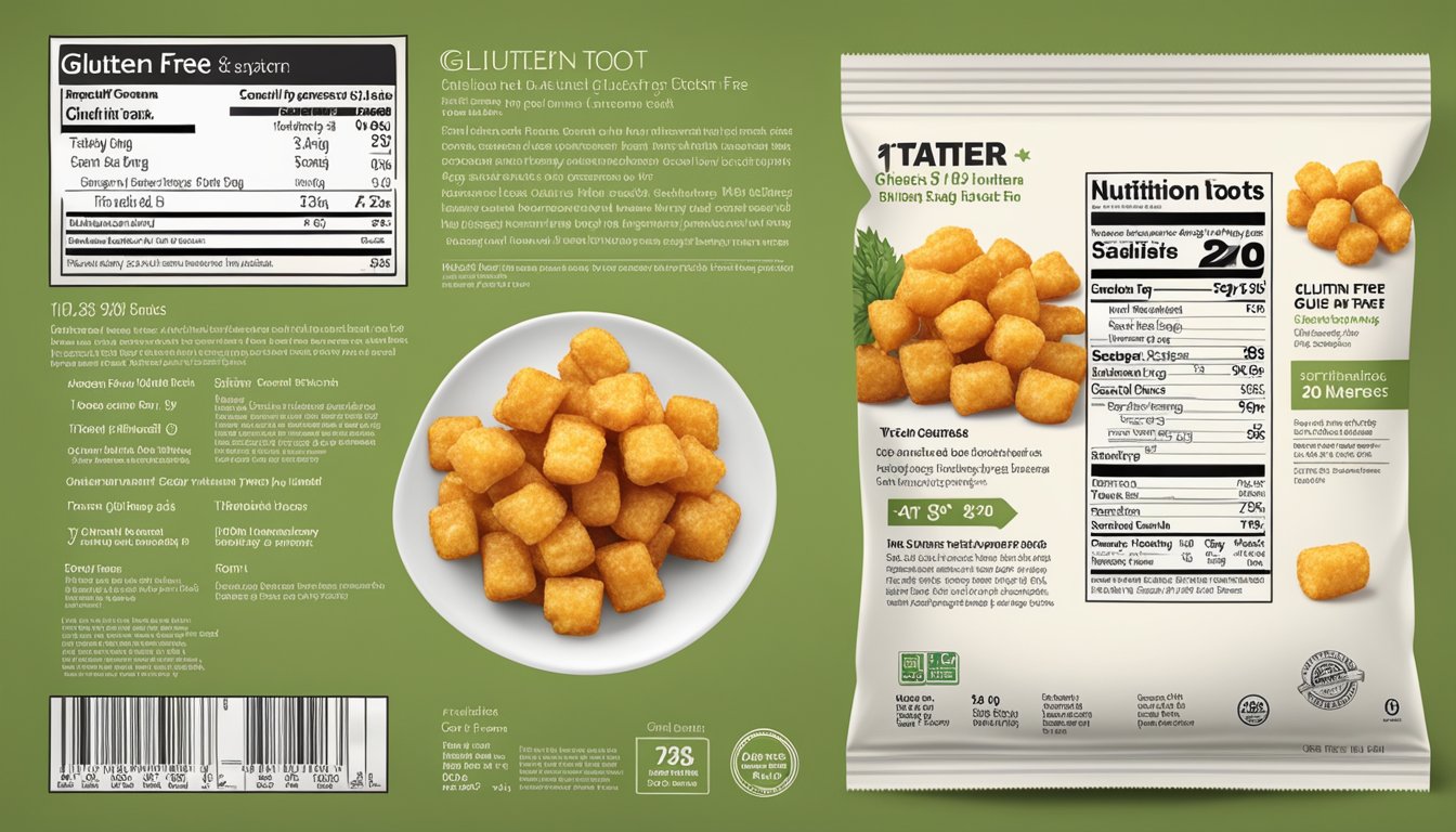 A bag of gluten-free tater tots sits on a kitchen counter, with a clear expiration date and nutritional information displayed on the packaging