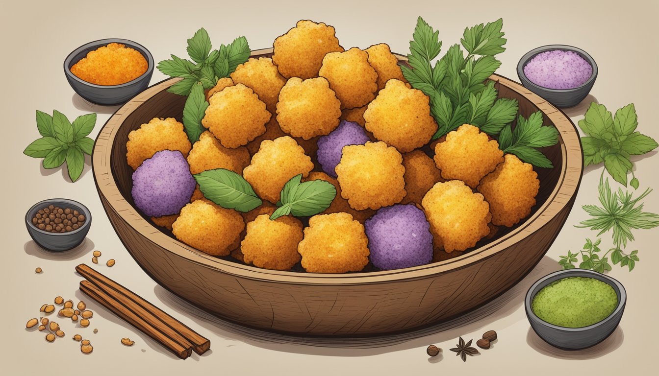 A colorful array of gluten-free tater tots arranged in a rustic bowl, surrounded by various herbs and spices, with a timer indicating the passage of time