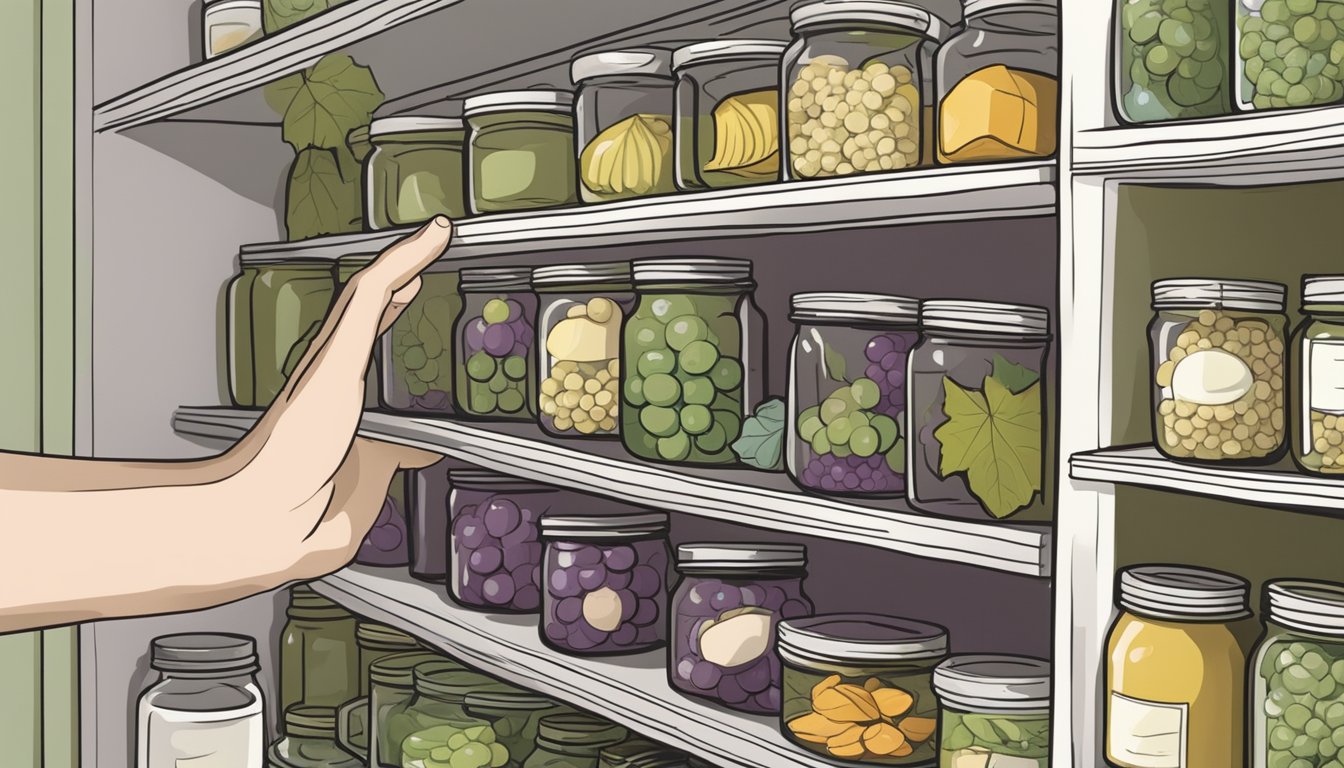 A kitchen pantry shelf with jars of gluten-free stuffed grape leaves, a calendar with expiration dates, and a hand reaching for a jar