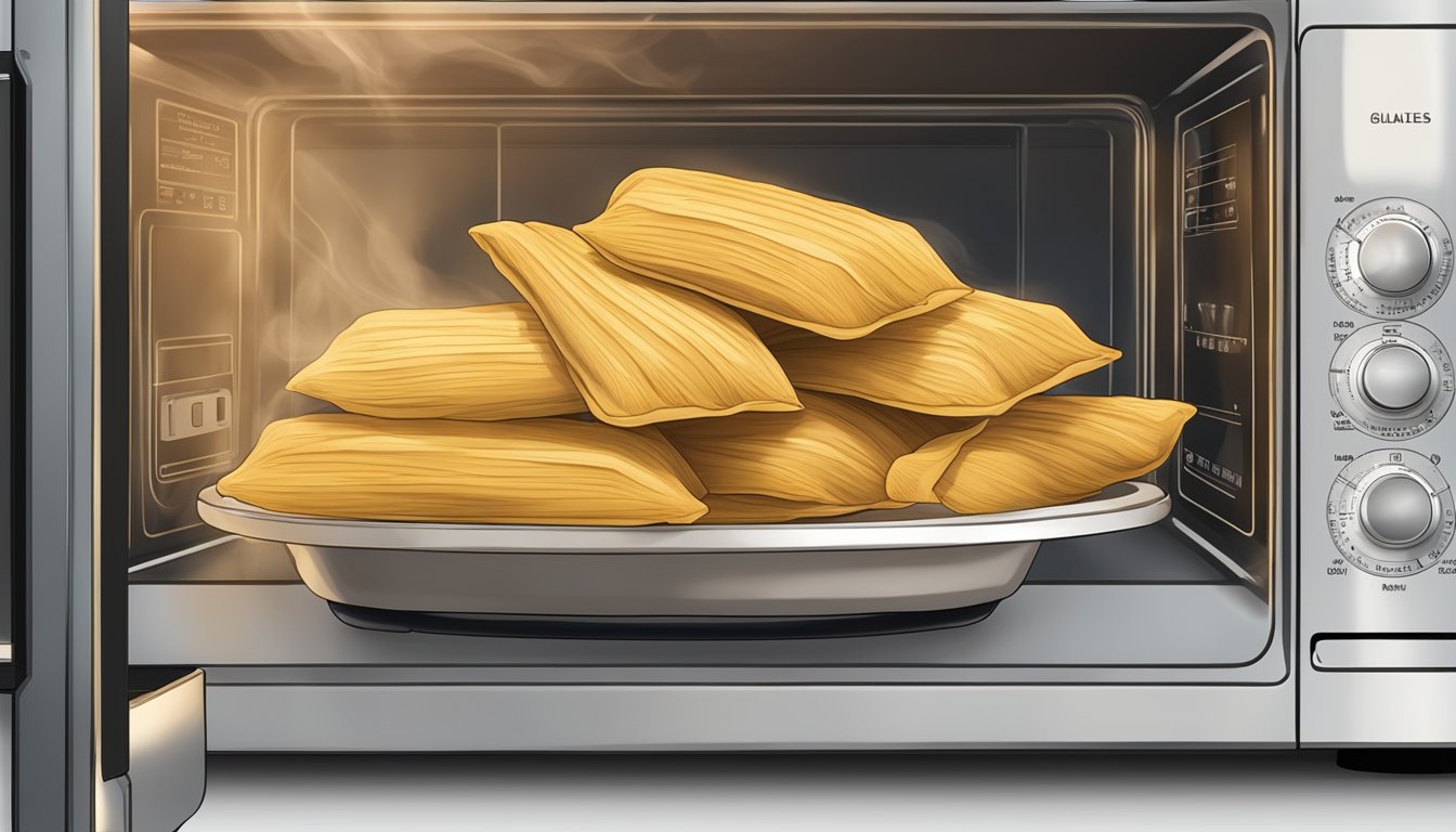 A plate of gluten-free tamales sits in a microwave, steam rising as they are reheated for best quality