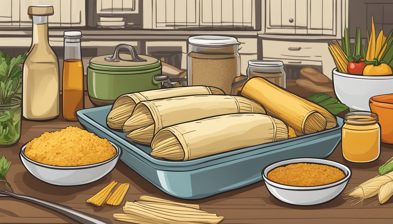 A kitchen counter with a plate of freshly made gluten-free tamales, surrounded by various ingredients and cooking utensils