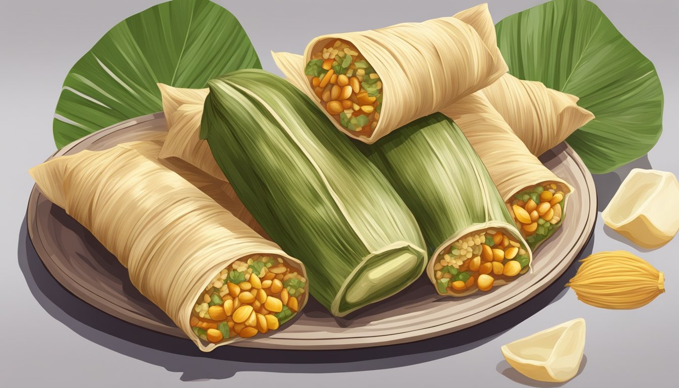 A stack of gluten-free tamales arranged on a plate, some wrapped in corn husks and others in banana leaves, with various fillings and toppings nearby