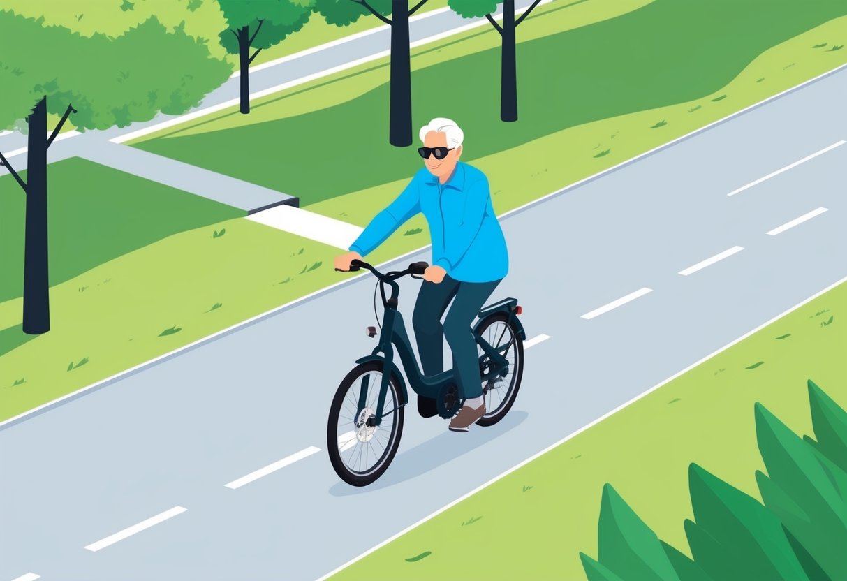 An elderly person riding an electric bike on a smooth, tree-lined path with a gentle slope, enjoying the ease of pedaling and the freedom of movement