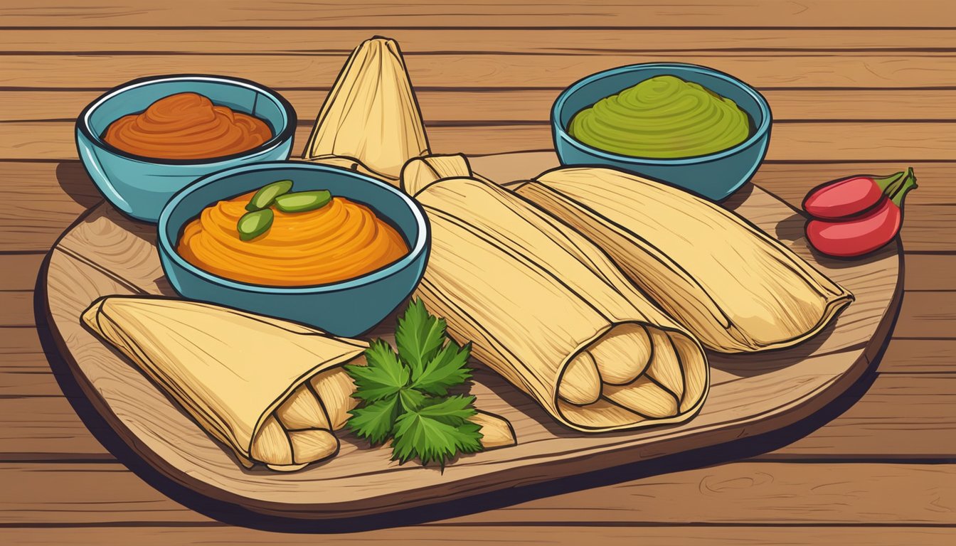 A plate of gluten-free tamales arranged with colorful garnishes, set on a rustic wooden table