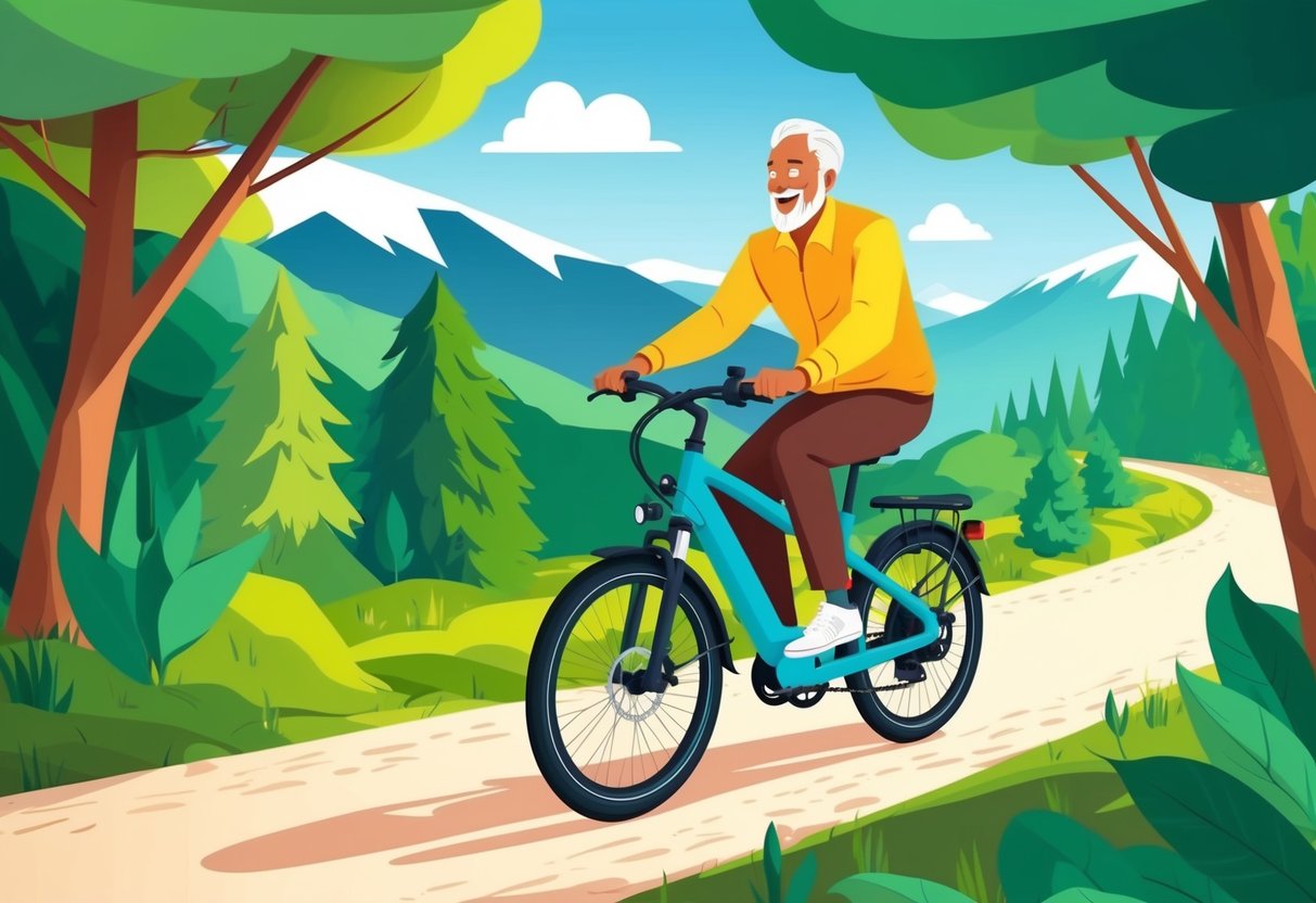 A senior riding an electric bike along a scenic trail, surrounded by nature and smiling while enjoying the health benefits of exercise