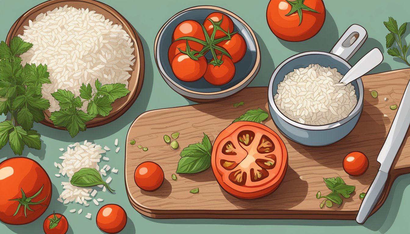 Fresh tomatoes, rice, and herbs on a cutting board. A bowl of cooked rice and seasoned filling next to it