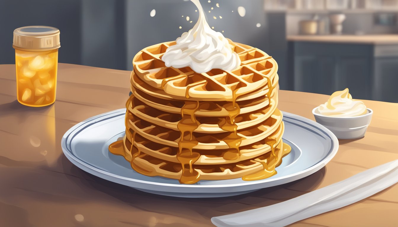 A stack of golden gluten-free waffles sits on a plate, steam rising from the crisp edges. A dollop of whipped cream and a drizzle of syrup complete the picture