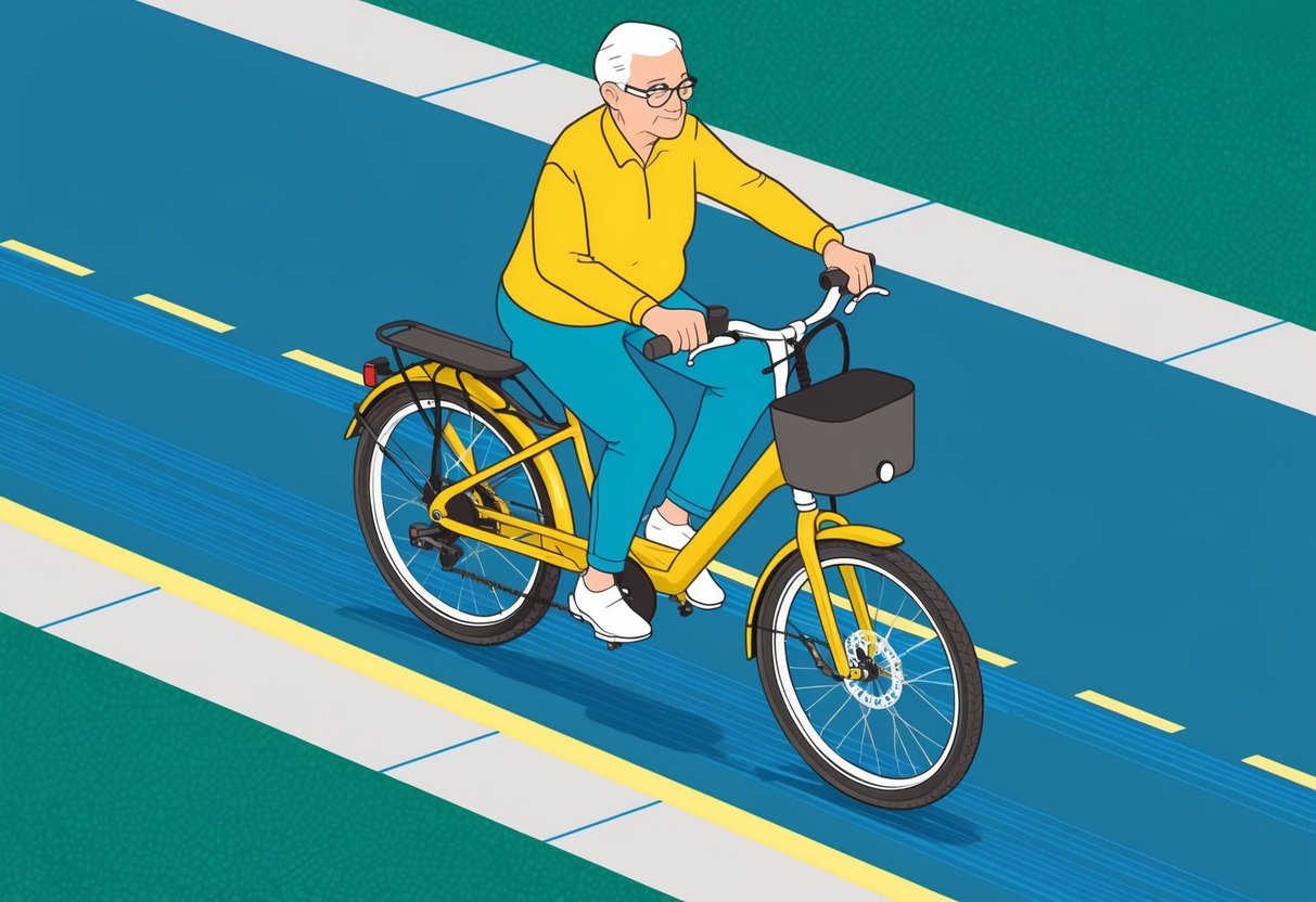 An elderly person rides an electric bike on a smooth, well-paved path. The bike features sturdy handlebars, a comfortable seat, and visible safety lights. The rider maintains a stable and balanced posture