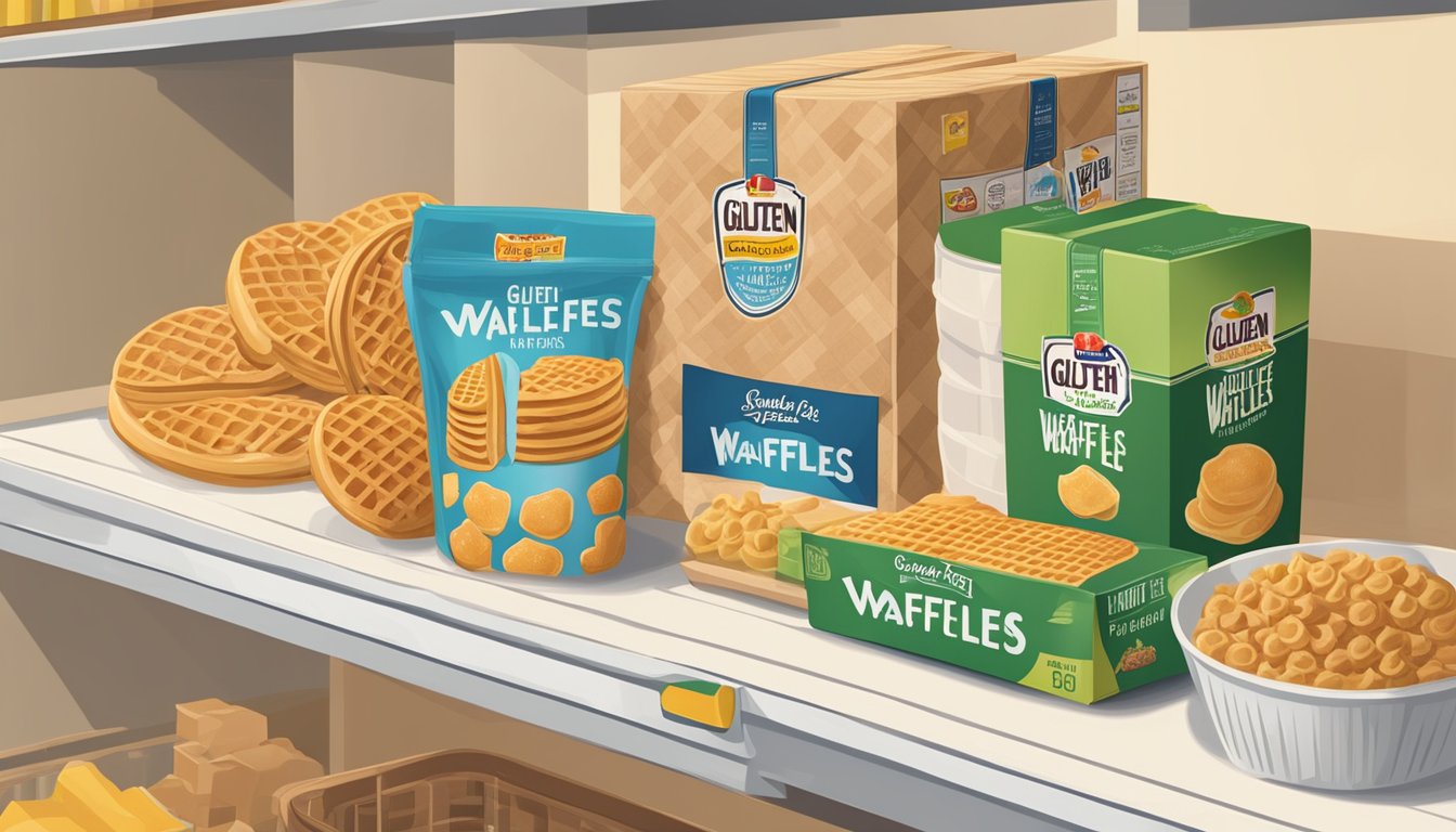 A box of gluten-free waffles sits on a pantry shelf, surrounded by other packaged foods. The expiration date is clearly printed on the box