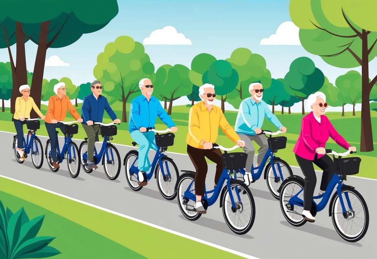 A group of seniors enjoying a leisurely bike ride through a scenic park, chatting and smiling as they effortlessly pedal their electric bikes along the path