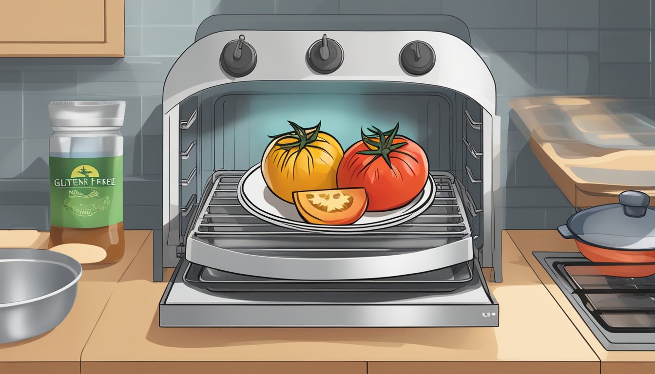 A plate of gluten-free stuffed tomatoes, wrapped in foil, sits in the oven. A timer shows the remaining cook time