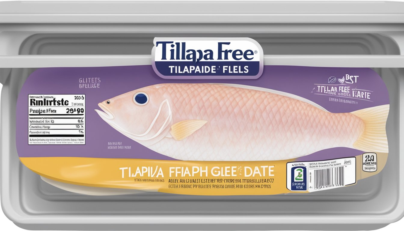 A package of gluten-free tilapia fillets sits in a refrigerator, with a "best by" date clearly visible on the packaging