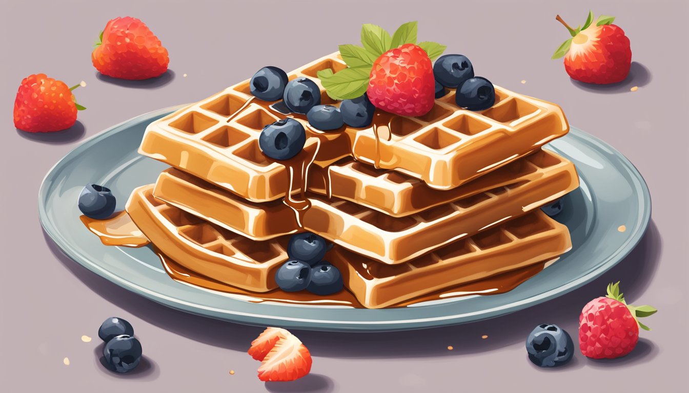 A stack of gluten-free waffles on a plate, surrounded by fresh berries and a drizzle of maple syrup