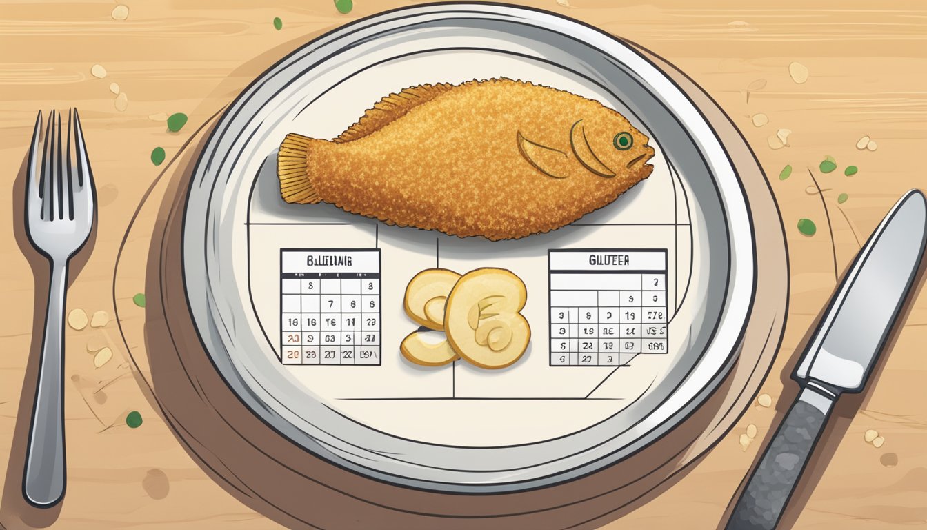 A plate of gluten-free breaded tilapia fillets next to a calendar, with one fillet circled with a question mark