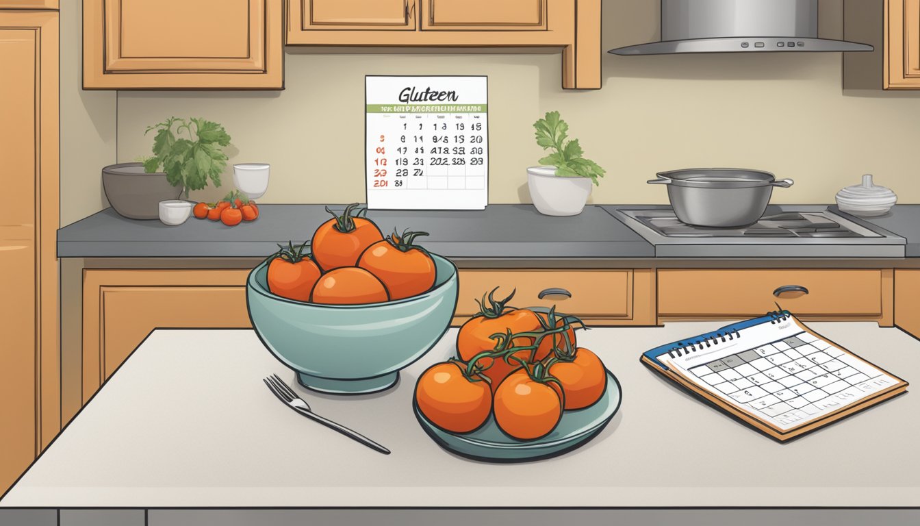 A kitchen counter with fresh tomatoes, a bowl of gluten-free stuffing, and a calendar indicating the current date