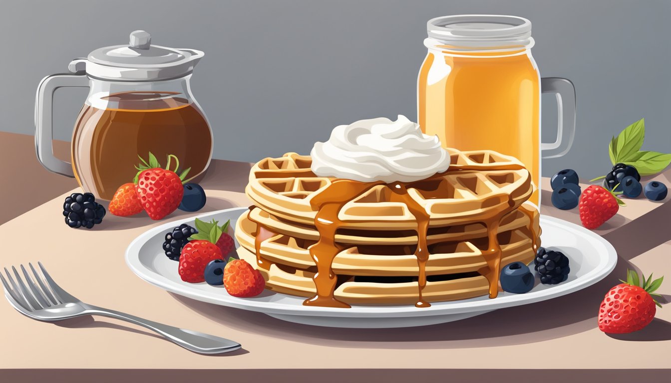 A stack of gluten-free waffles on a plate, surrounded by fresh berries and a dollop of whipped cream. A toaster and a jar of maple syrup sit nearby