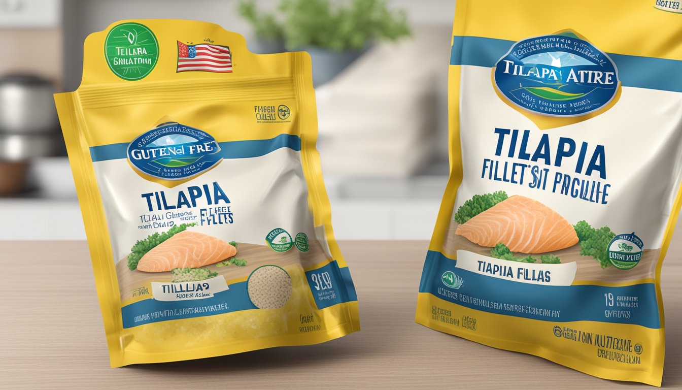 A package of gluten-free tilapia fillets sits on a kitchen shelf, with a clear expiration date displayed prominently on the packaging