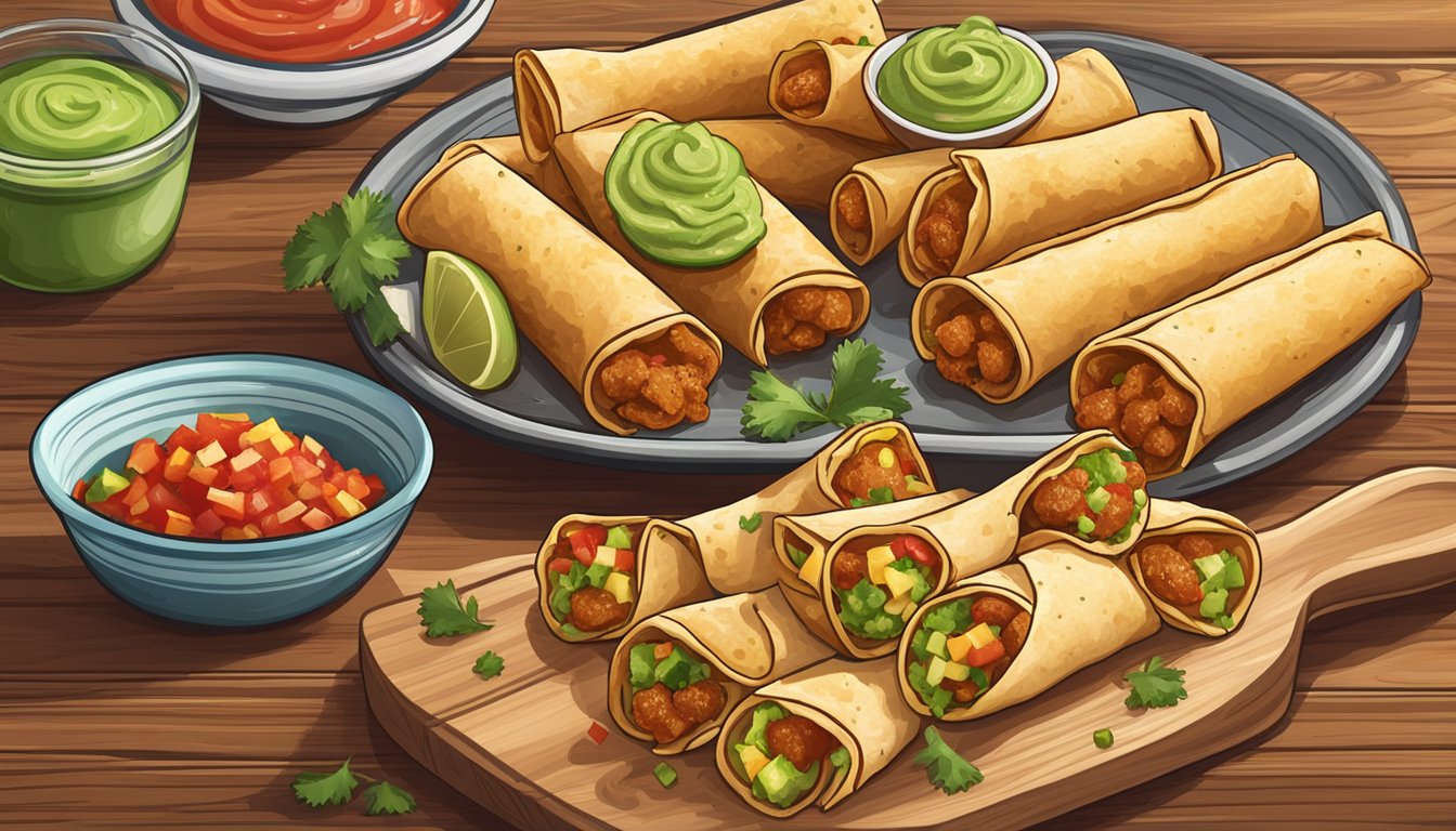 A plate of gluten-free taquitos sits on a wooden table, surrounded by colorful salsa and guacamole. The taquitos are freshly cooked, with a golden, crispy exterior and a savory filling spilling out