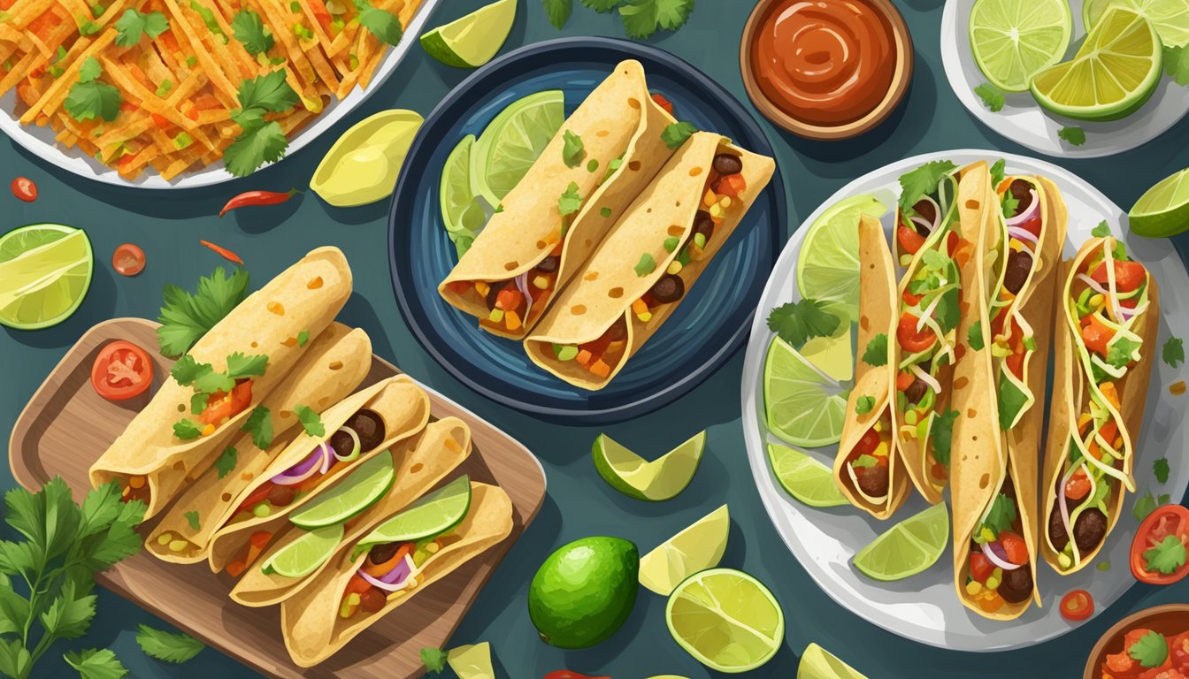 A plate of gluten-free taquitos with various fillings and flavors, surrounded by colorful ingredients like avocado, salsa, and lime wedges