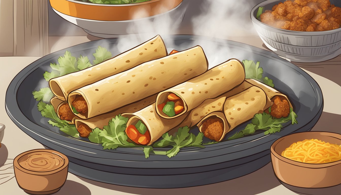 Gluten-free taquitos being cooked and placed on a serving plate, with steam rising from the freshly prepared dish