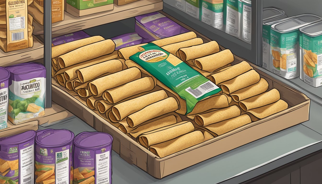 A pantry shelf with a variety of frozen gluten-free taquitos in their original packaging, alongside a labeled expiration date