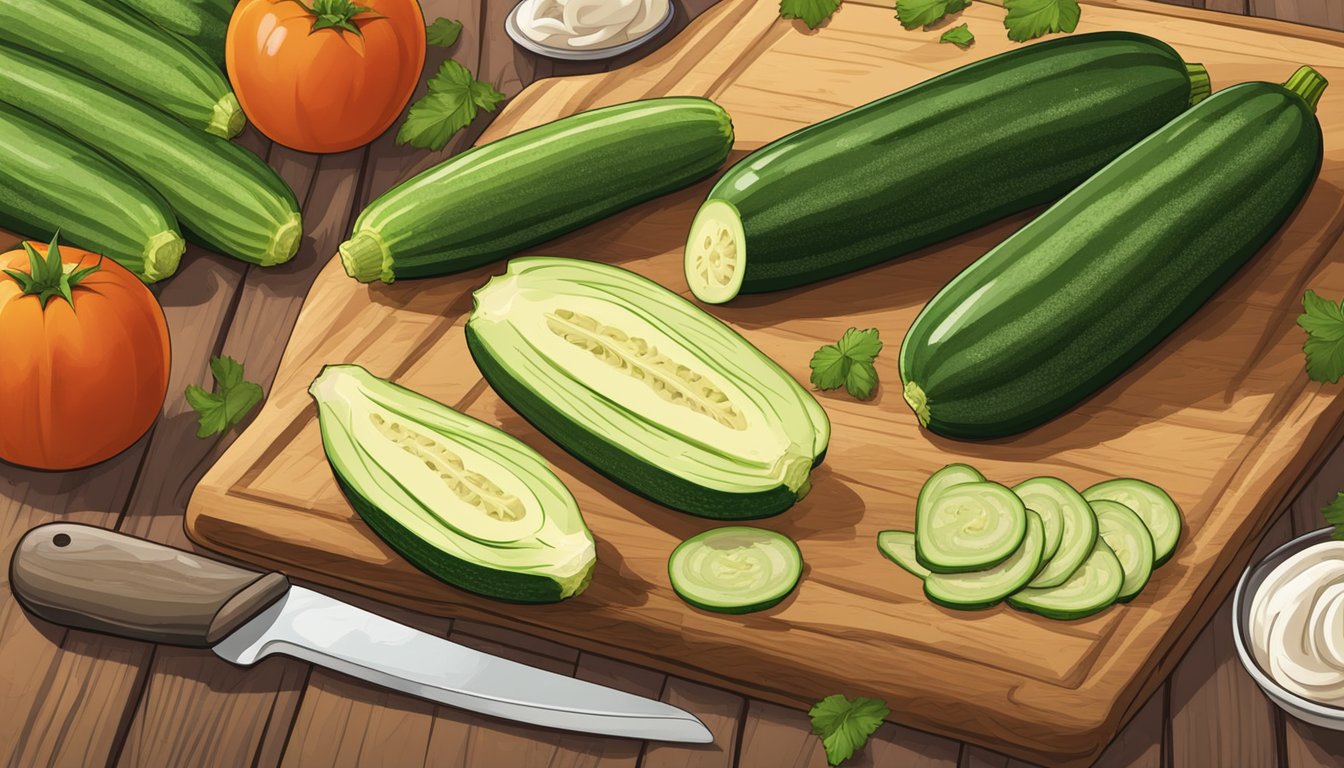 A cutting board with fresh zucchinis, gluten-free ingredients, and a filled zucchini boat on a rustic kitchen counter