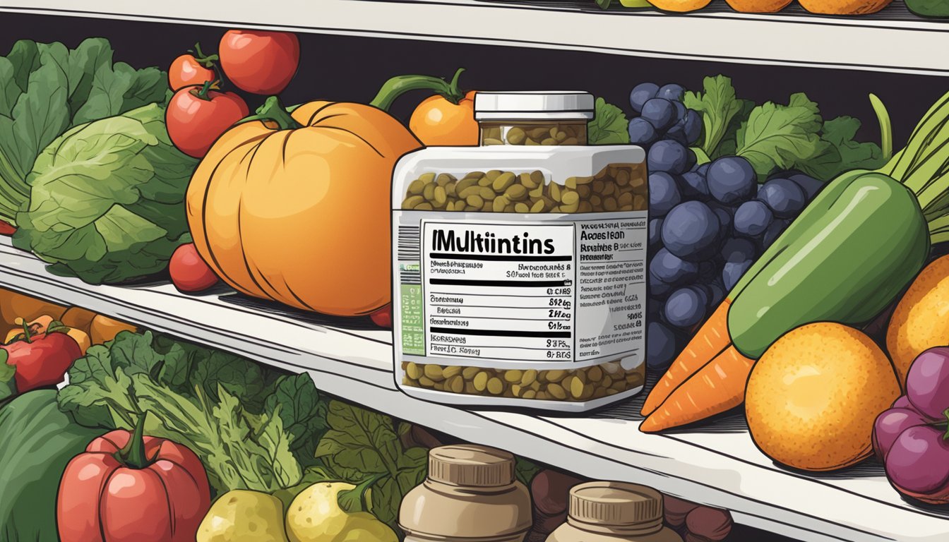 A bottle of multivitamins sits on a shelf, surrounded by various fruits and vegetables. The bottle is labeled with an expiration date, indicating the duration of its effectiveness