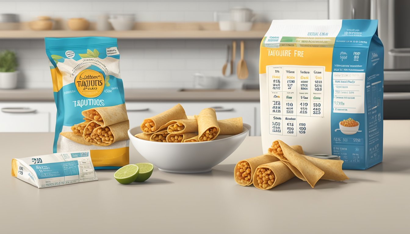 A kitchen counter with a package of gluten-free taquitos, a nutrition label, and a calendar showing the expiration date