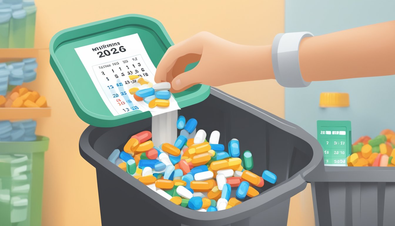 An open bottle of expired multivitamins being poured into a trash bin, with a calendar showing the current date in the background