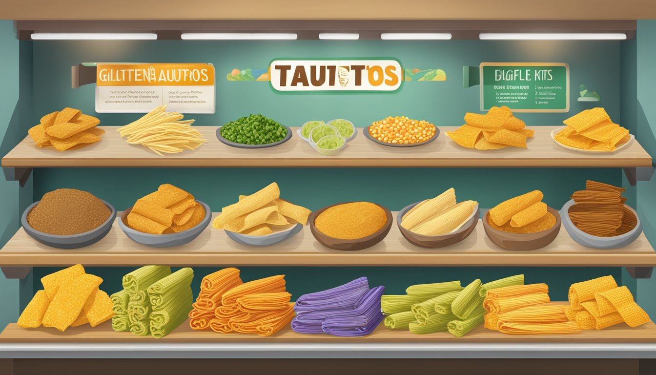 A colorful display of popular gluten-free taquitos and various retail options, with a prominent sign indicating their shelf life