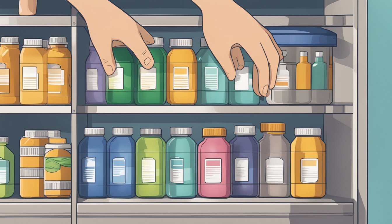 A hand reaching for a bottle of multivitamins on a shelf, while another hand places an empty bottle in the trash