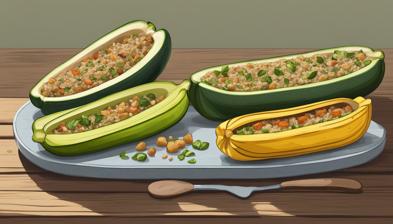 A colorful array of gluten-free zucchini boats filled with various stuffings and flavors, sitting on a rustic wooden table