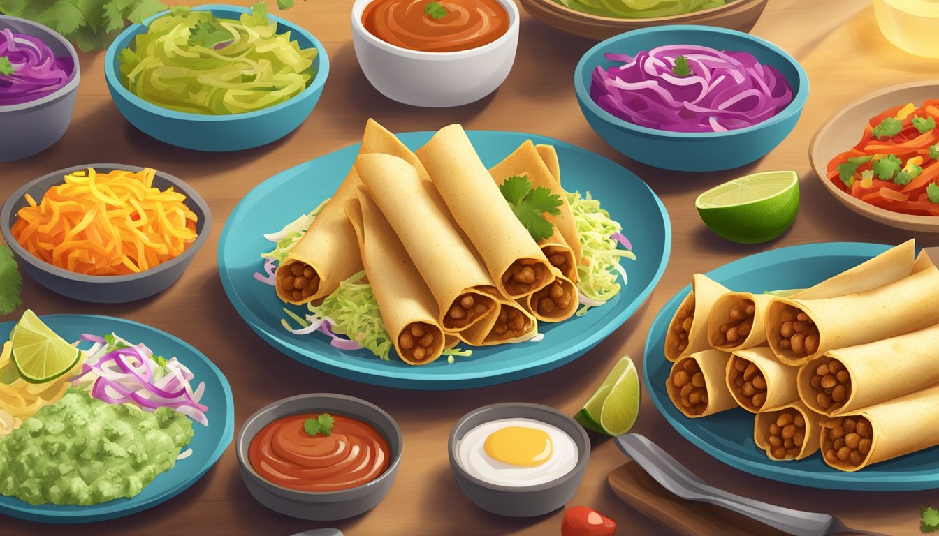 A plate of gluten-free taquitos surrounded by colorful toppings and sauces, with steam rising from the freshly cooked taquitos