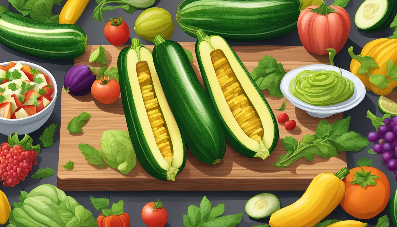 A colorful array of fresh zucchini boats filled with gluten-free ingredients, surrounded by vibrant fruits and vegetables on a wooden cutting board