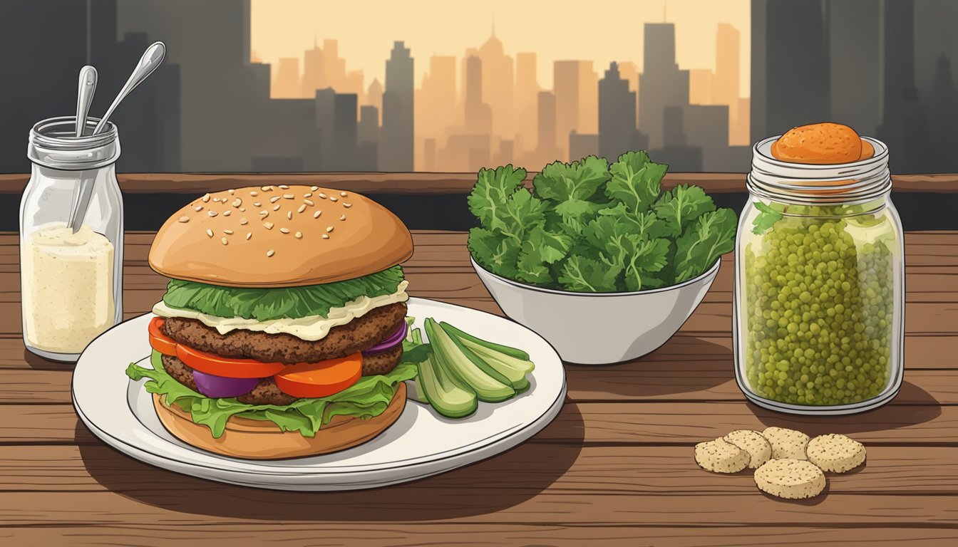 A plate of gluten-free veggie burgers on a wooden table, surrounded by fresh vegetables and a jar of condiments