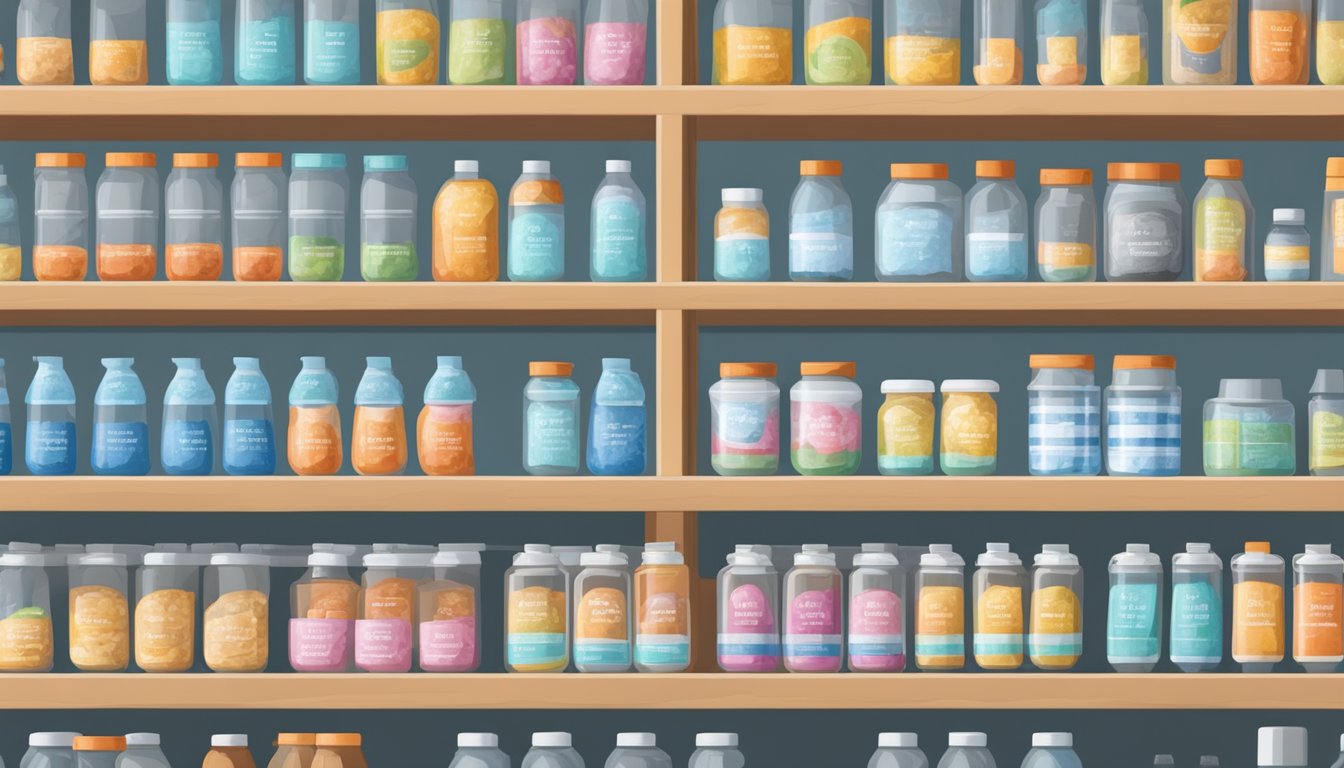 A pantry shelf with rows of neatly organized powdered electrolyte drink containers, with a calendar on the wall marking the date of purchase